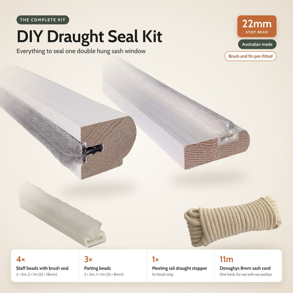 DIY Draught Seal Kit for One Double Hung Sash Window (22mm Stop Bead)